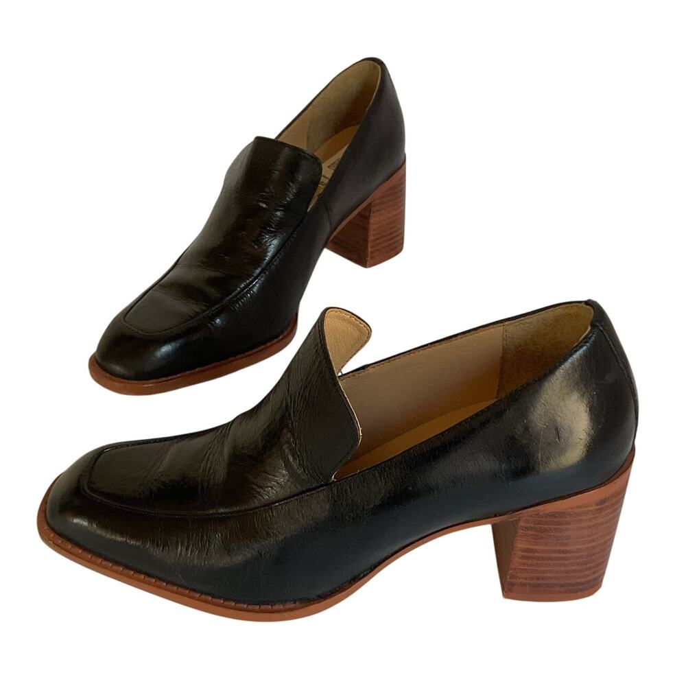 42 Gold Women’s Size 6 Black Leather Loafer Pumps Block Heel Slip On Shoes